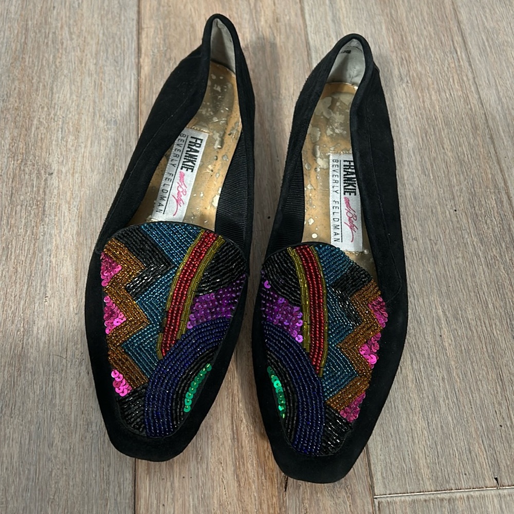 Vintage Frankie and baby Beverly Feldman shoe Suede Beaded Sequin Flats size 8.5